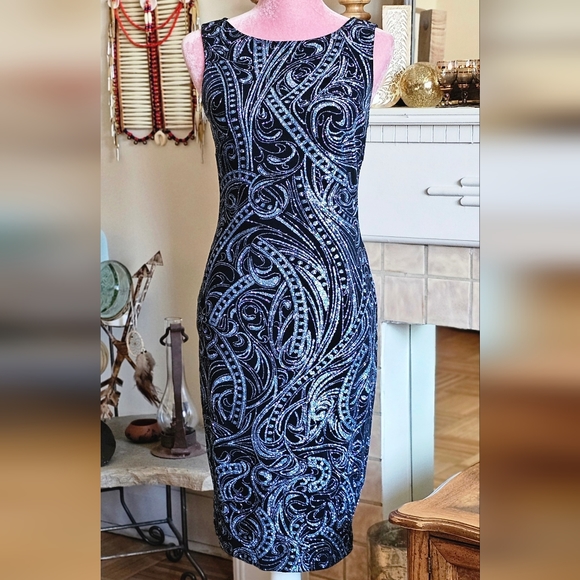 Marina bodycon dress, black with pale blue metallic design, size 4. - Picture 9 of 9